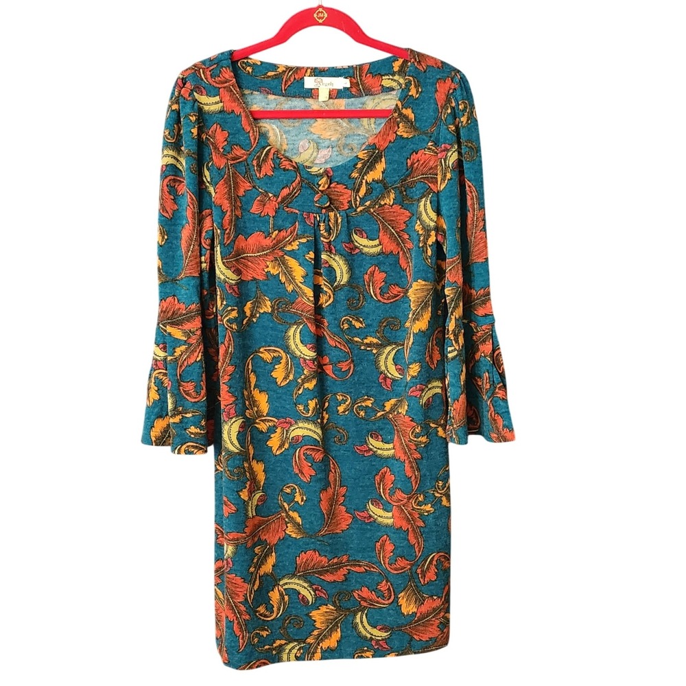 Aryeh Knit Dress Women'sTeal Orange Feather‎ Print Bell Sleeve, Large